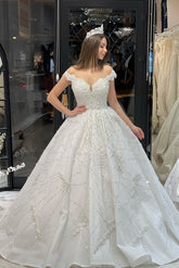 Fabulous Floor Length Sweetheart Off-The-Shoulder A-Line Sequined Wedding Dress with Ruffles